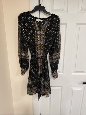 LOFT Black Multicolor Paisley-Print Long-Sleeve Belted Mini Dress